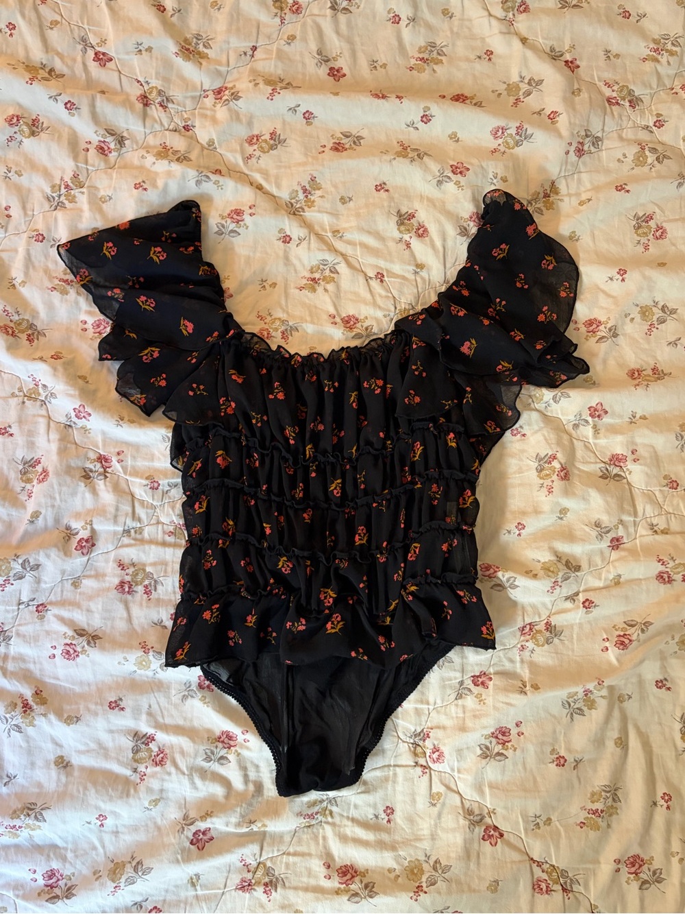 Free People Black Sheer Floral Bodysuit w/ Ruffle Shoulders